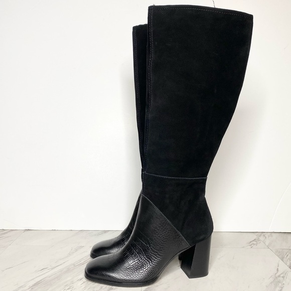 Dolce Vita Fynn Black Suede Crocodile Embossed Leather Heeled Tall Boot 8 - Picture 1 of 16